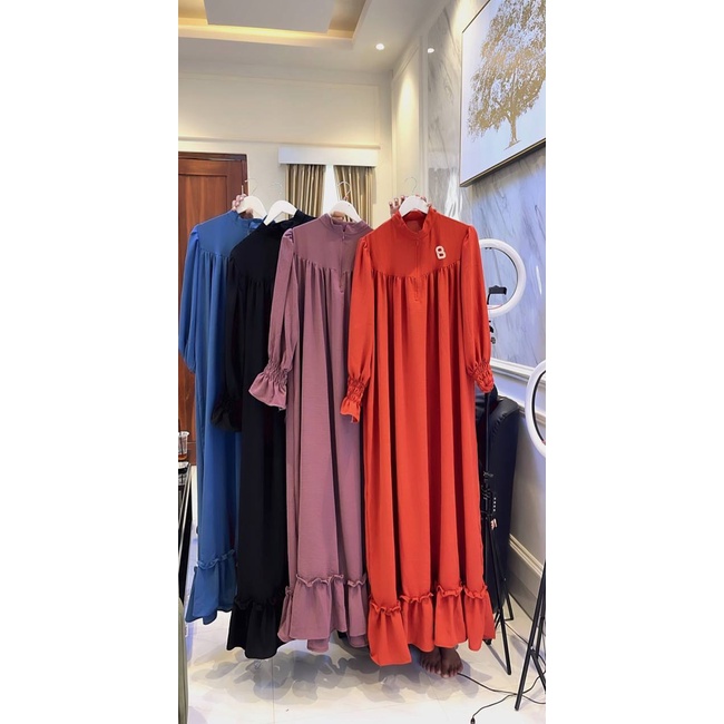 Shella Saukia Gamis Wanita Crinkle Airflow Import Dress Jumbo Lengan Panjang Karet Baju Wanita Kekinian LD 130 cm