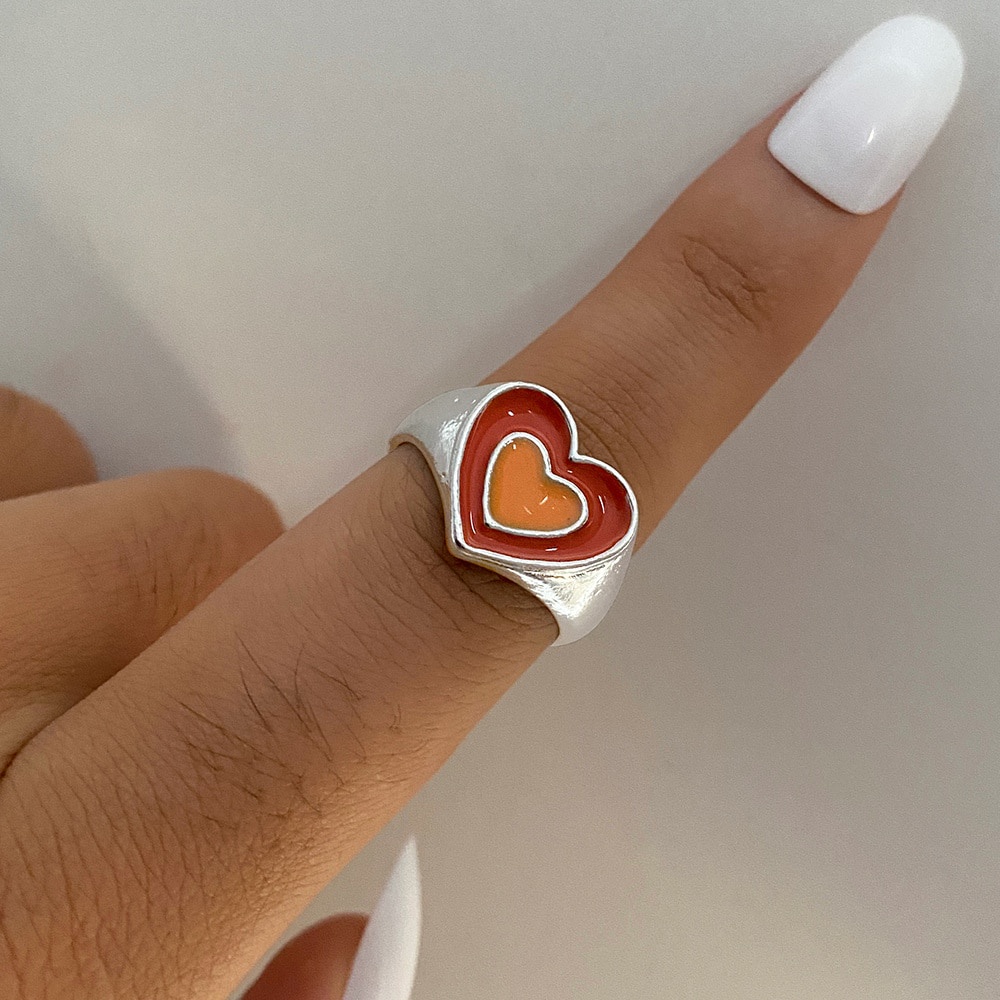 Vintage Y2K Double Heart Opening Enamel Ring For Women Fashion Korean Diyou Metal Heart Joint Ring Jewelry Wholesale