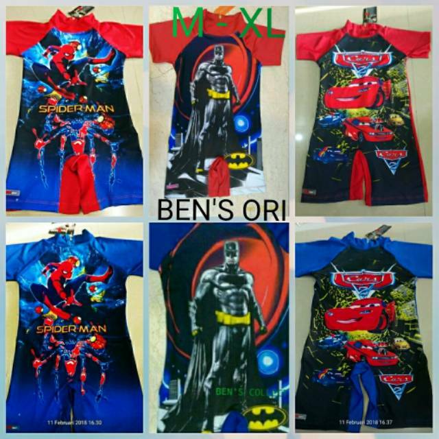 BAJU RENANG ANAK TK/SD  LAKI/COWOK SIZE M - XL SPIDERMAN / BATMAN / CARS BEN'S ORI ORIGINAL