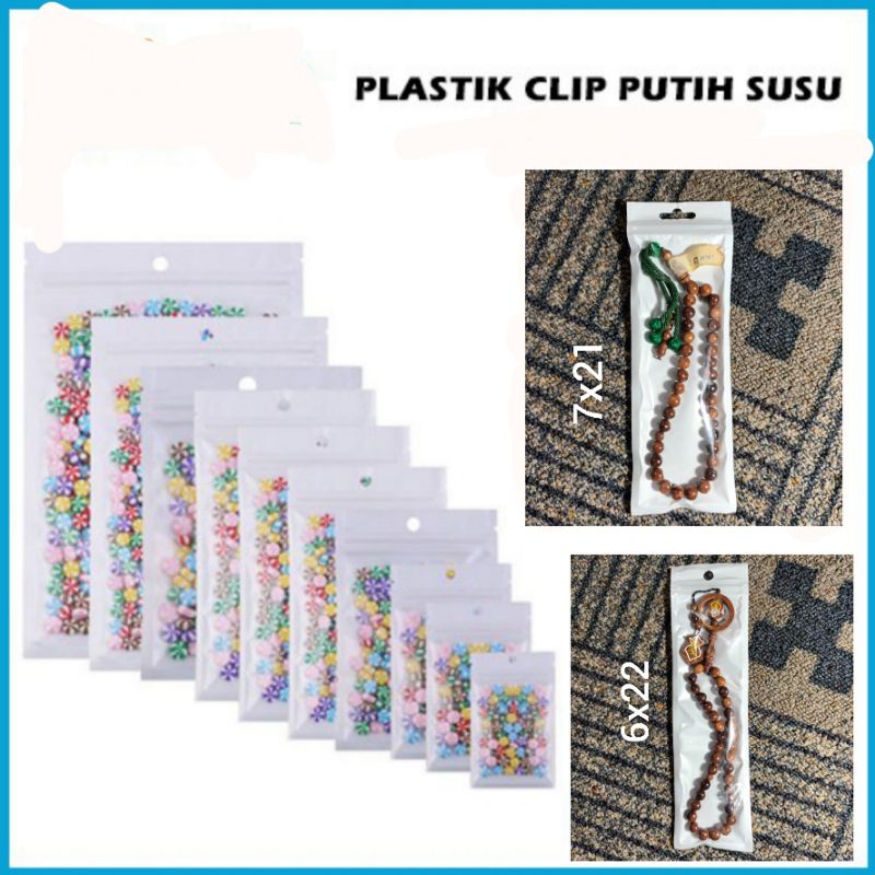 plastik klip putih susu untuk aksesoris(plastik depan bening belakang putih)6x10 .6x22 .7x21 .8x14 .12x15 .12x20 .13x21 .13x22 .13x23 .13.5x24 .12x30 .14x17