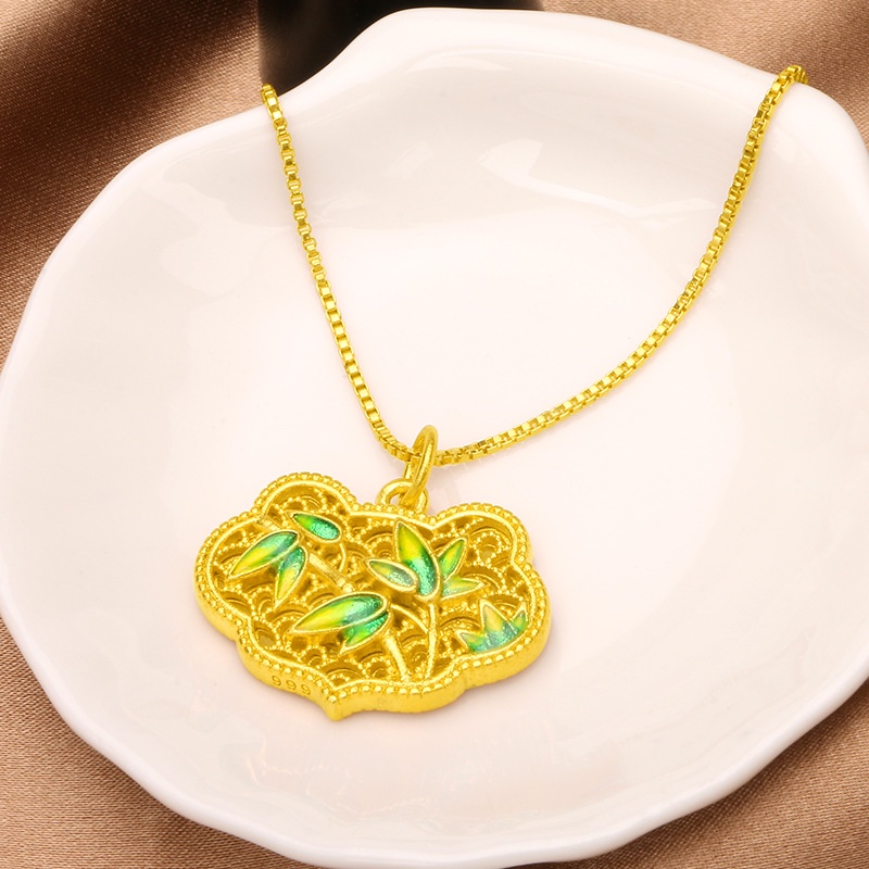 National Kalung Emas Asli Kadar 375 Dengan Liontin Daun Bambu Hollow Gaya Etnik Untuk Pria Dan Wanita