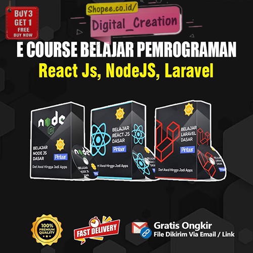 Paket Fullstack Belajar 6 Pemograman Framework React Js, Native, Vue JS, Node JS, Django Python, Laravel