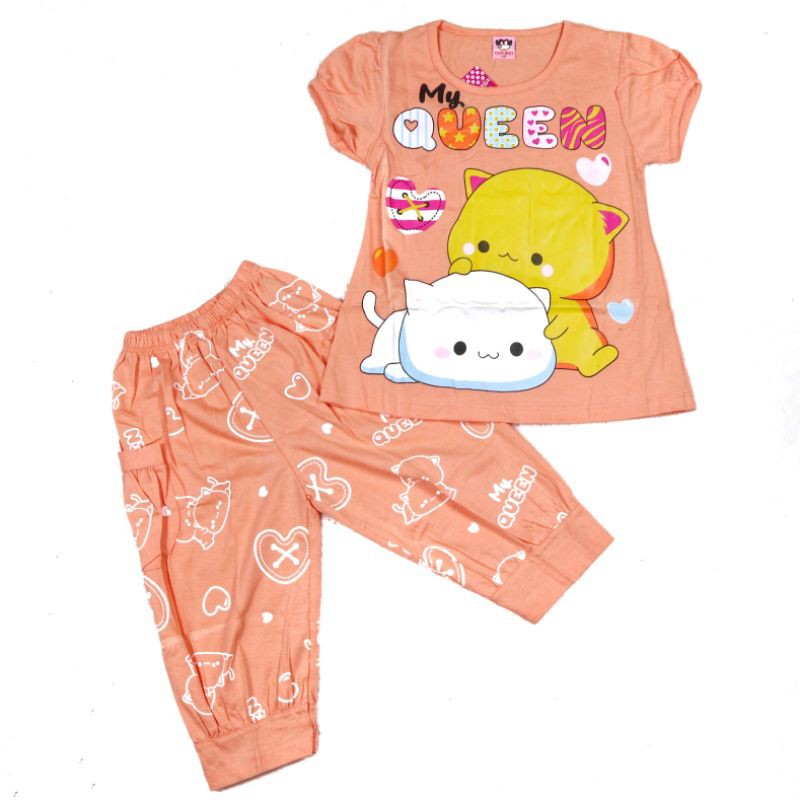 SETELAN BAJU ANAK PEREMPUAN SR14 CELAN JOGGER MOTIF MY QUENN BAHAN KAOS GAMBAR SABLON 2-7 TAHUN