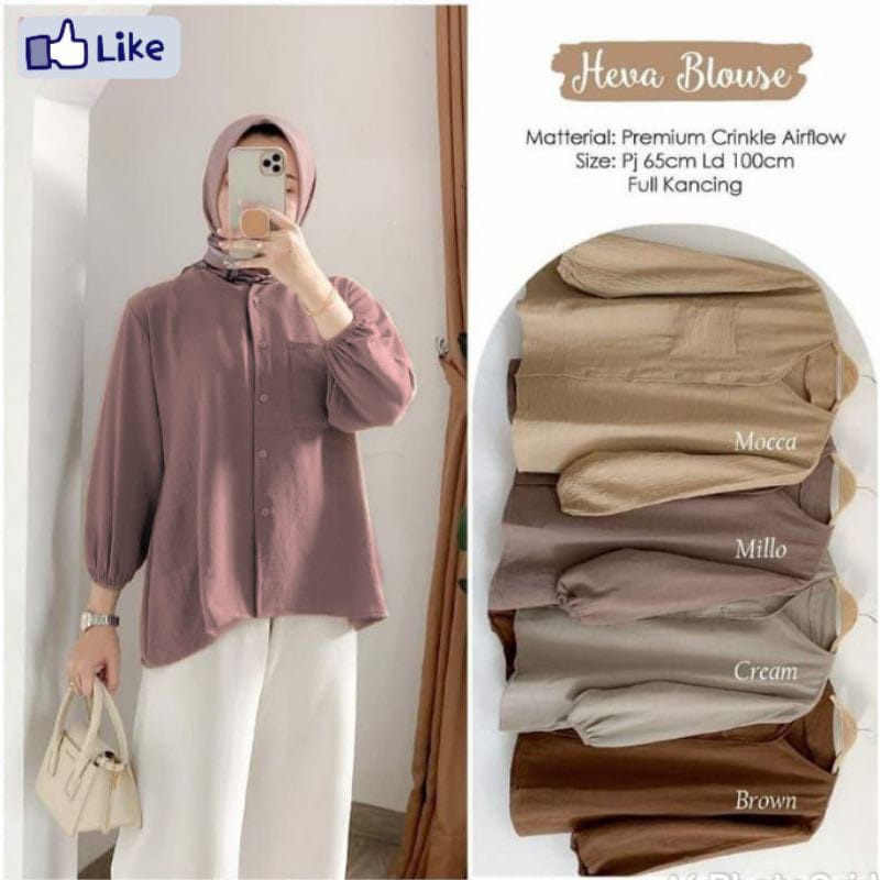 Heva Blouse Wanita Atasan Basic Polos LD 100 Fit To L XL Full Kancing Depan Crinkle Airflow Premium Outfit OOTD Remaja Dewasa 2022 Kekinian Terbaru