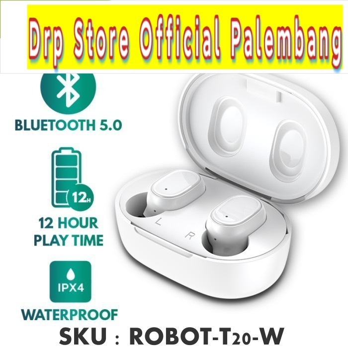 Earphone Robot TWS Wireless Airbuds T20 Headset Bluetooth - Putih