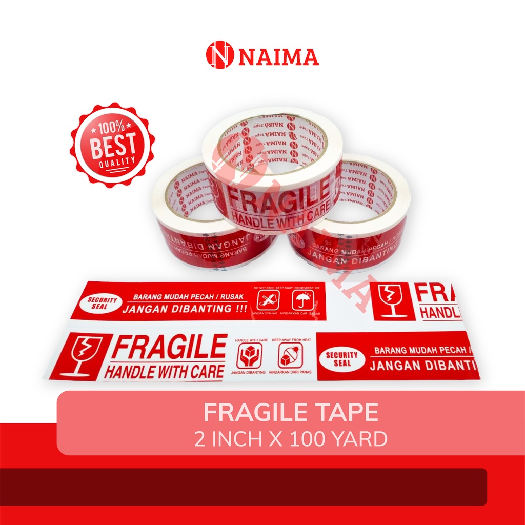 

LAKBAN FRAGILE 45 mm x 100 yard 2 in 1 / PLAKBAN FRAGILE 2 INCH MERAH PUTIH
