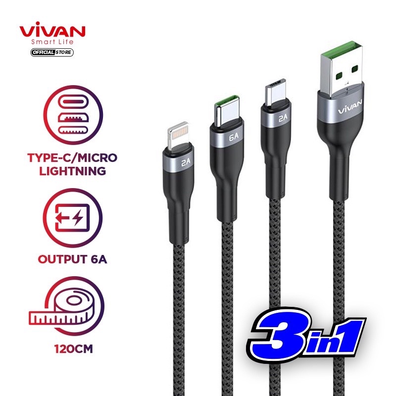 VIVAN VYT120 Kabel Data 3 in 1 Fast Charging 6A Micro USB Lightning Type C Black - Garansi Resmi 1 Tahun