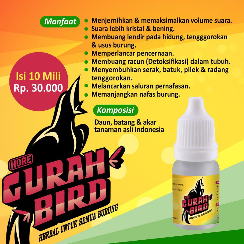 Gurah Bird ORIGINAL (obat serak semua burung) Exp 2028 pleci, murai, kenari, lovebird, sirtu, ciblek