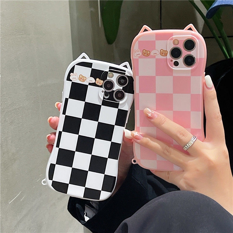 Case Desain Telinga Kucing Kotak-Kotak Untuk Iphone 11 12 Pro Max Xr Xsmax 7 8 Plus Se2020