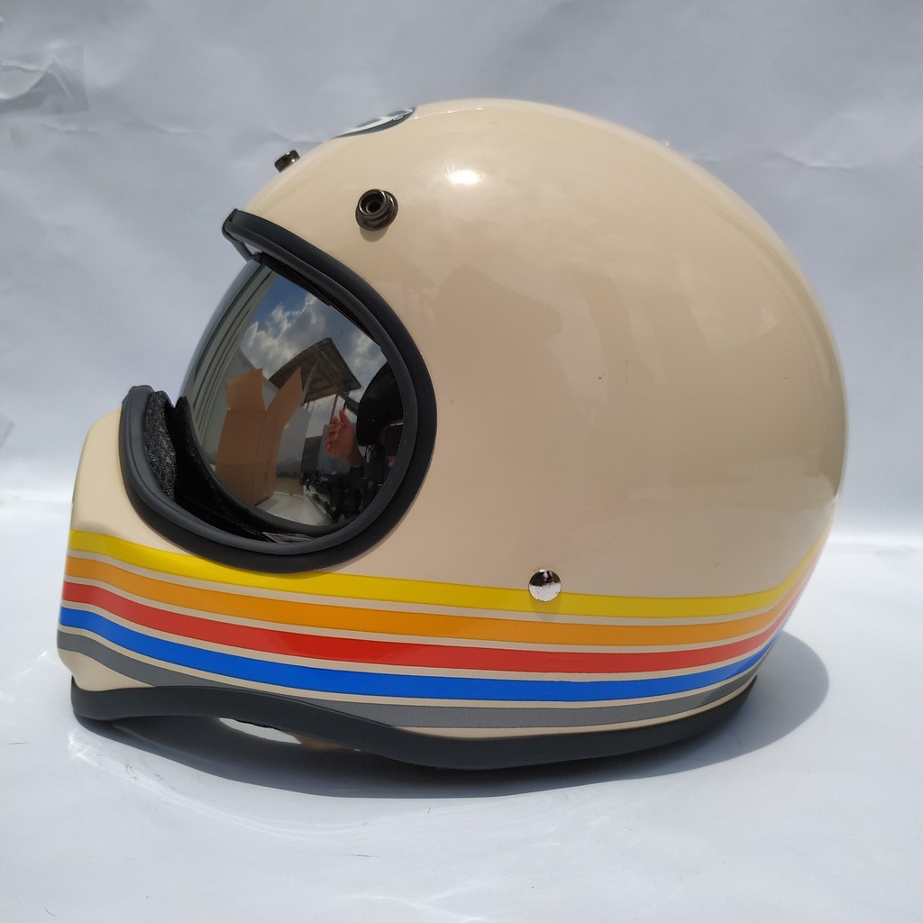 Helm Cakil HBC Stripe Cream Glossy + Inner Visor ( Fullface / Retro / Klasik / Vespa )