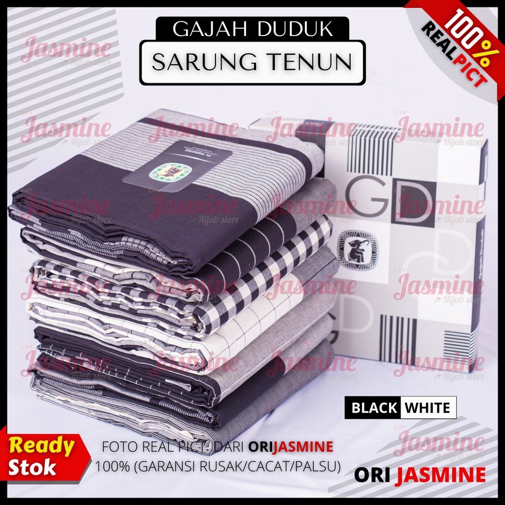 Sarung Gajah Duduk Black &amp; White - Hitam Putih Kain Tenun Motif Dewasa Pria Laki