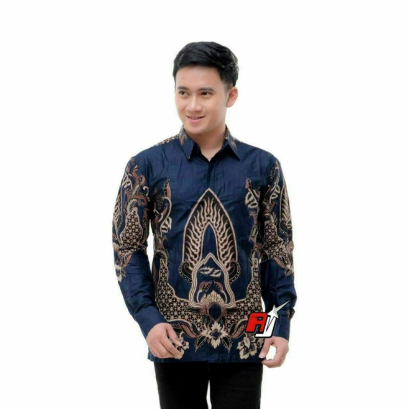 ATASAN KEMEJA BATIK COWOK LENGAN PANJANG NAVY BIRU DONGKER NAVI SERAGAM KERJA KANTOR M L XL XXL BIG 