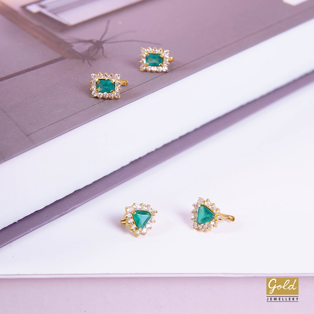 Anting emas kuning kadar 700 16k - X727092100 - model batu hijau / green stone