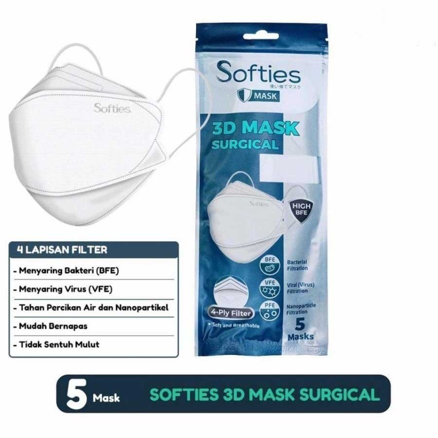 Masker Softies 3D Surgical Mask 4-Ply Earloop isi 5 Pcs