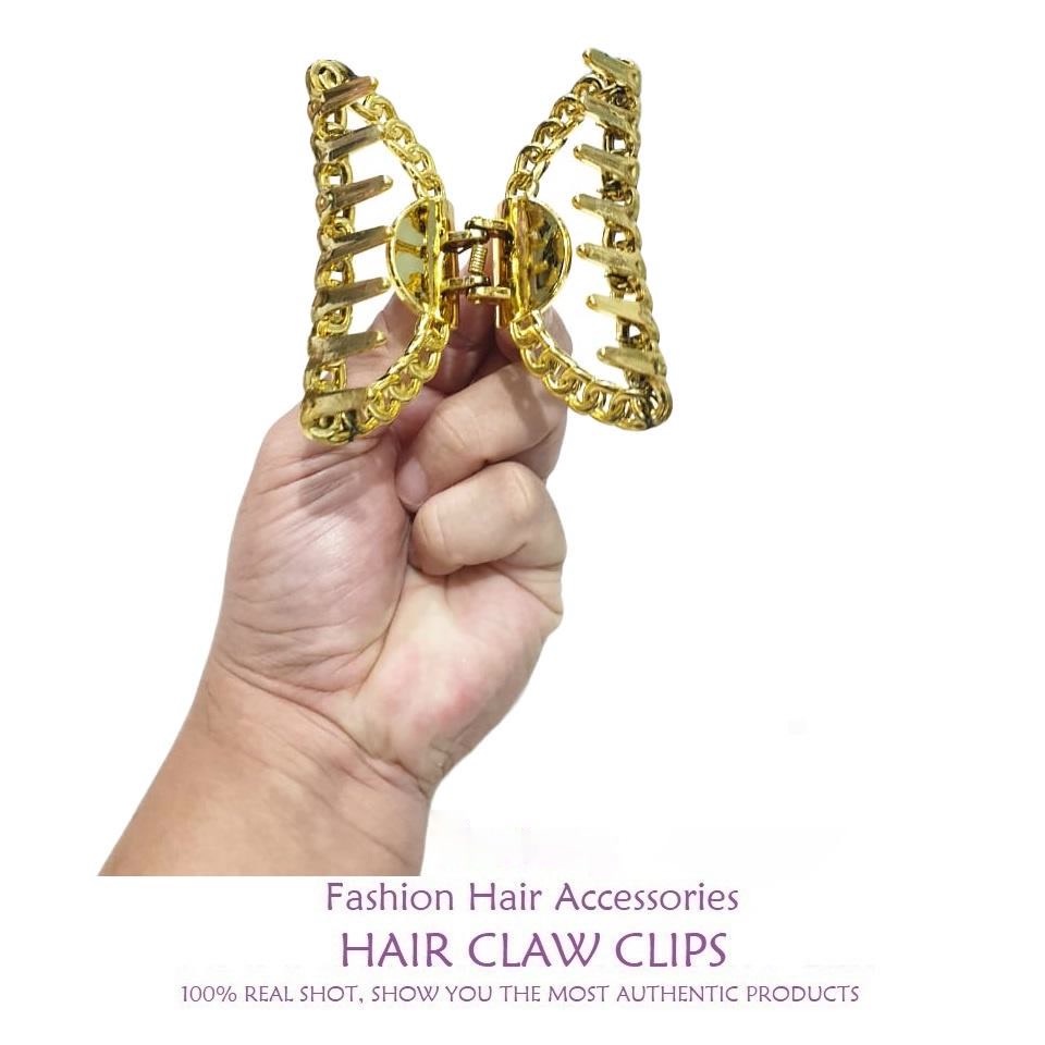Jepit Rambut Wanita Dewasa Korea Import 9cm JUMBO Warna Emas Motif Rantai Jedai Rantai Bahan Acrylic Hair Claw Clips