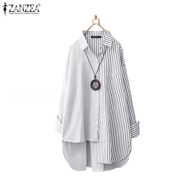 ZANZEA Women Buttons Down Patchwork Asymmetrical Stripe Lapel Blouse