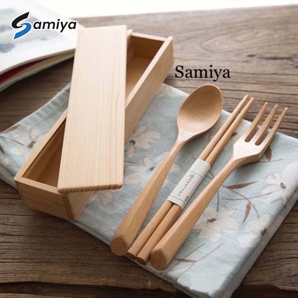 Paket alat makan set sendok garpu sumpit kayu dengan kotak box ( TERIMA CUSTOM PRINT NAMA dan LOGO ) / wooden cutlery set / souvenir set