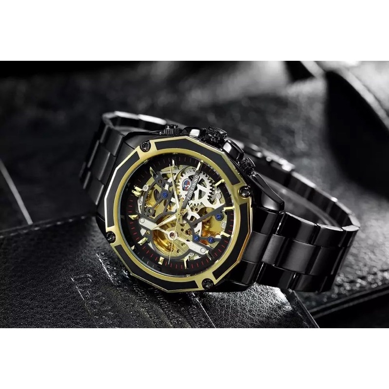 Jam Tangan Pria Forsining Original Mekanik Otomatis Bisnis Luxury Skeleton Black Stainless Steel