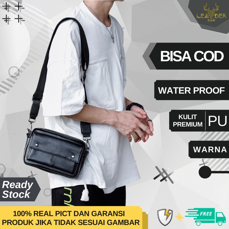 Tas Selempang Kulit Pria Original Trendi Warna Hitam Atau Tas Kulit Cowok Import Terbaru Waterproof