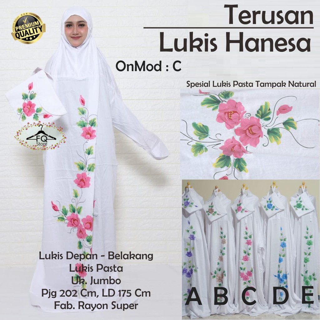 Mukena Terusan Lukis Hanesa Dewasa Rayon Super Jumbo Murah Bali Katun Jepang Premium Putih Halus