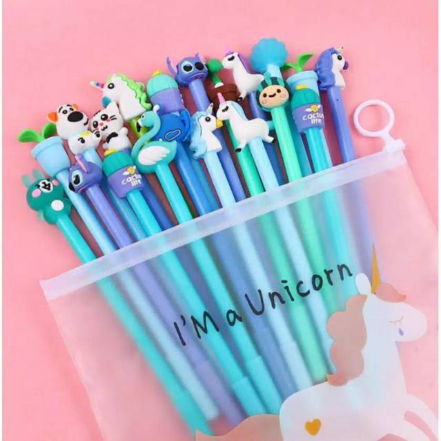(12pcs atau 20pcs) Pen karakter/pen fancy/pen kantong/pen mix /pen dapet pouch/pen 12/20pcs + dompet-4