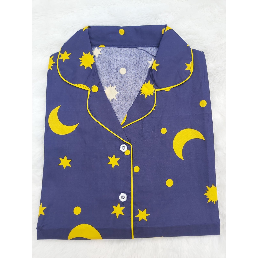 BJ - Piyama CP Wanita Murah - Bahan Katun - Baju Tidur Lengan Pendek Motif Karakter-StarMoon - Navy