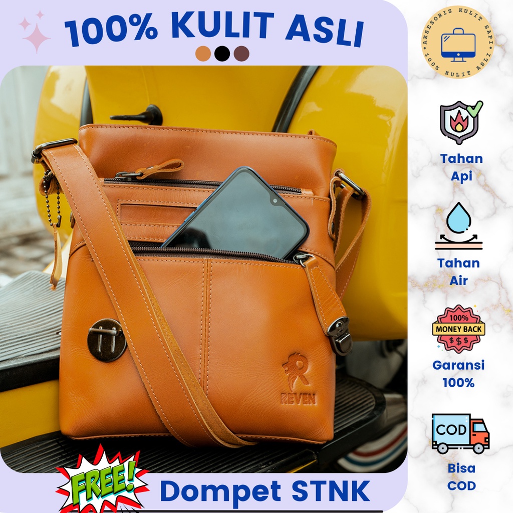 Tas Selempang Pinggang Pria Kulit Sapi Asli Polo Kecil Anti Air Original Mini Branded Keren Kerja Si