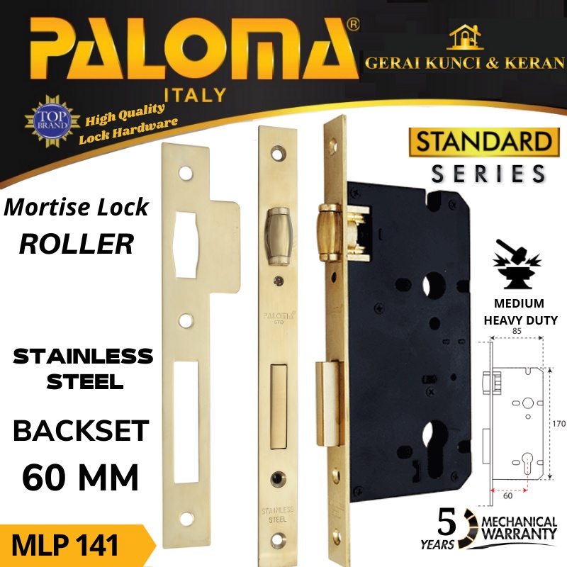 Body Kunci PALOMA MLP 141 STANDARD ROLLER 60MM PVD GOLD MORTISE LOCK ROLLER