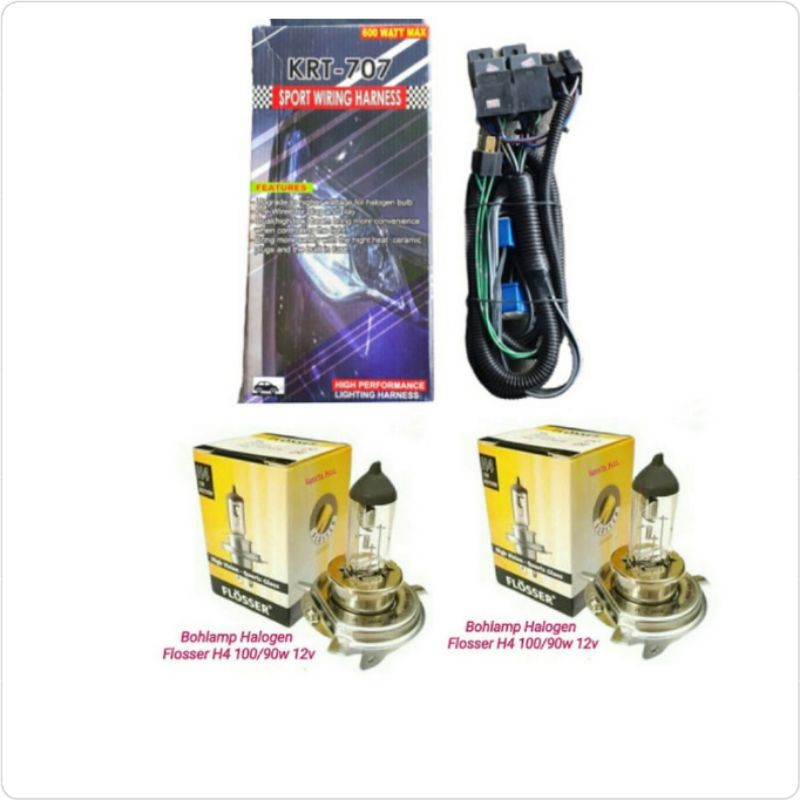 Kabel Set Lampu Mobil H4 2 Relay &amp; Bohlamp Halogen Flosser H4 100/90W 12V