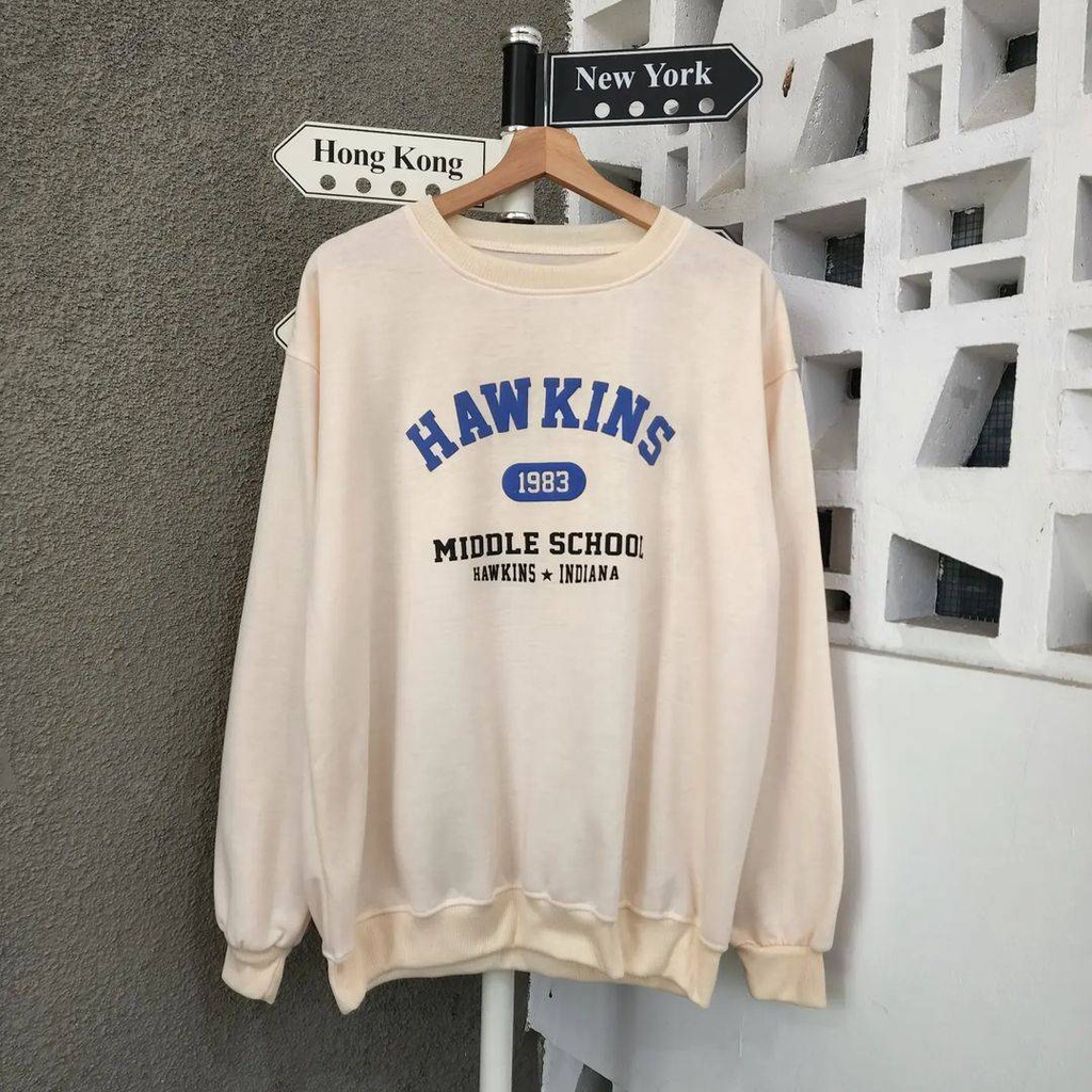 Sweater Crewneck Oblong Pria HAWKINS Desain Aestetic Fashion Terkini Atasan Basic Jacket Kasual Fashion Ala Korean FLEECE Tebal Termurah