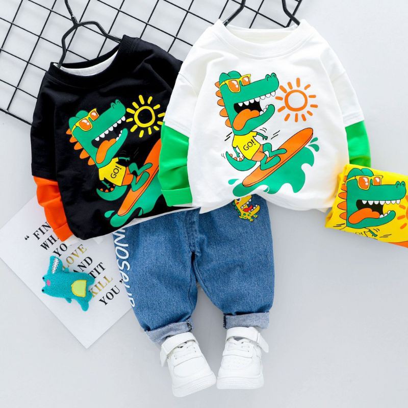 setelan baju sweater celana jeans anak cowok import dino murah kaos korea anak