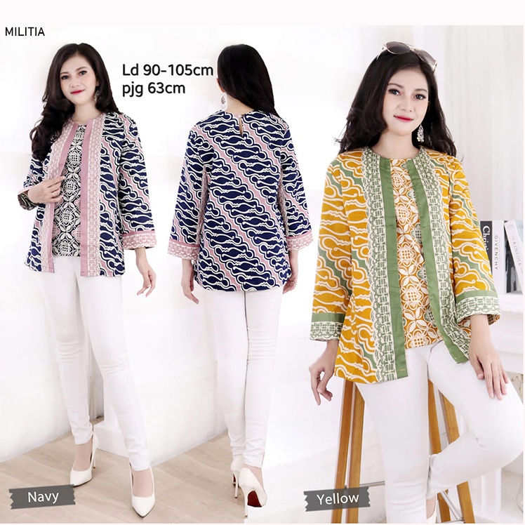 Evercloth Militia Atasan Batik Lengan Panjang Blazer Baju Batik Panjang Perempuan Blouse Batik Wanita Couple Batik Modern Jumbo Seragam Sarimbit