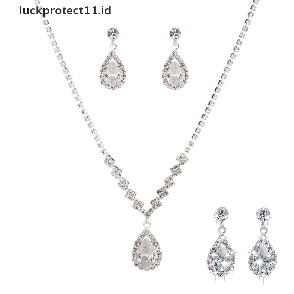 &lt; Luckprotect11. &lt; LuckproteksiSet Perhiasan Kalung Anting Kait Kristal Bentuk Tetesan Air Gaya Vintage Untuk Wanita