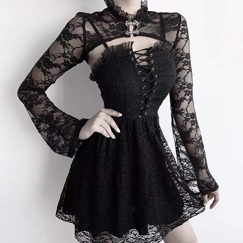 [Goth] Metal Lace Long Sleeve Crop Top Outer 8464 (S/M/L)