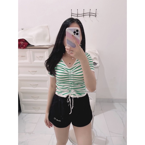 Croptop salur knit serut depan | atasan rajut salur | top rajut serut depan | atasan import | korean fashion wanita | aquarius boutique89 grosir