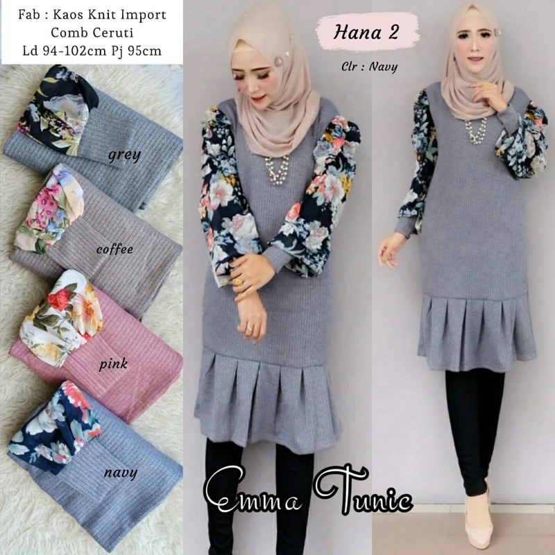 Baju Tunik Wanita Lengan Balon Motif Bunga Emma Tunik Original by Hana 2