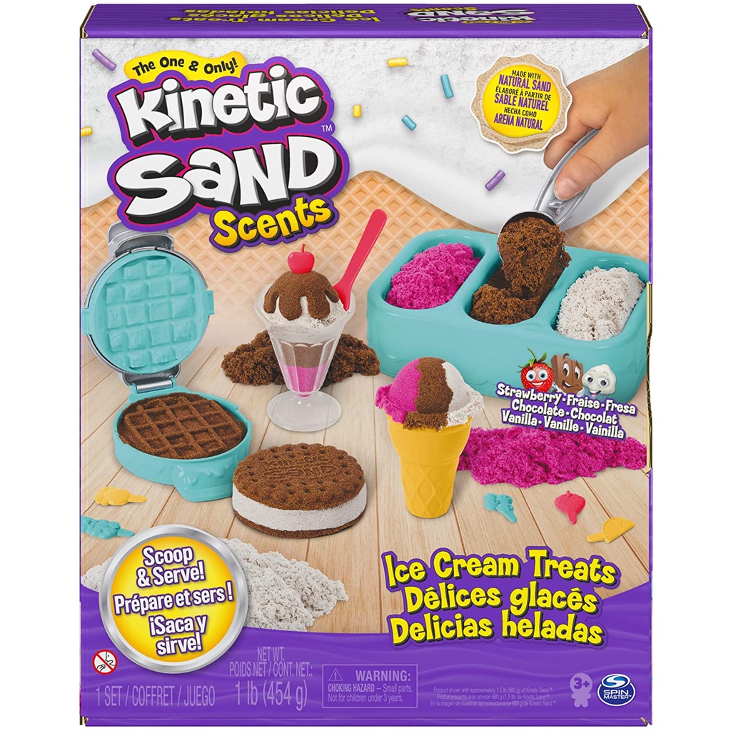 Kinetic Sand Scents, Ice Cream Treats Playset with 3 Colors of All-Natural Scented Sand and 6 Serving Tools