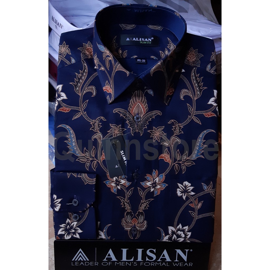 Alisan Kemeja Batik Lengan Panjang Slim Fit Biru Navy Shopee Indonesia