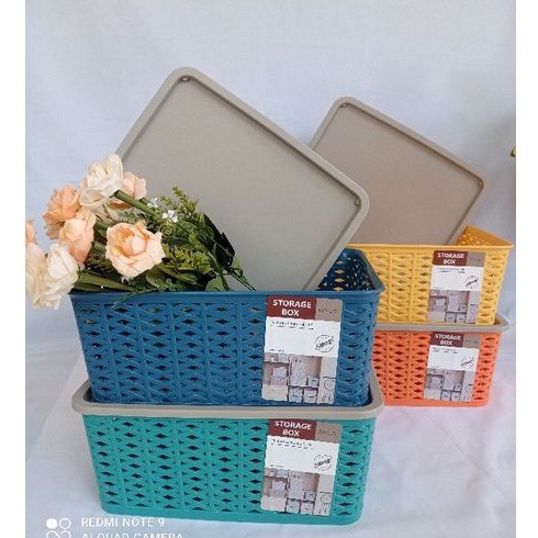 kotak plastik pakai tutup/keranjang anyaman pegangan/storage box/kode 2170-qy6334