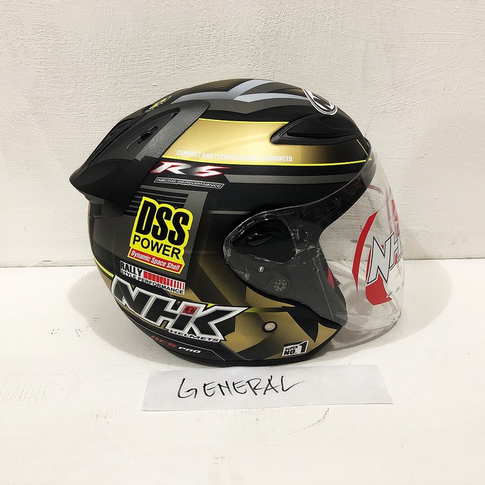 Untuk Anda Helm NHK R6 Motif Rally  2 Black Gold Doff Hitam Gold Dop Half Face