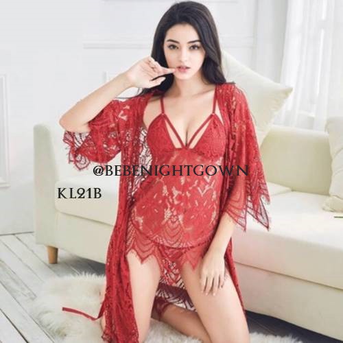 SET SEXY KIMONO LINGERIE NIGHT DRESS LACE BROKAT PREMIUM MERAH KL21B