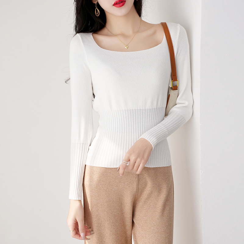 【Elegant】Fashion Plain Casual Square Neck Long Sleeve T-Shirts 7370