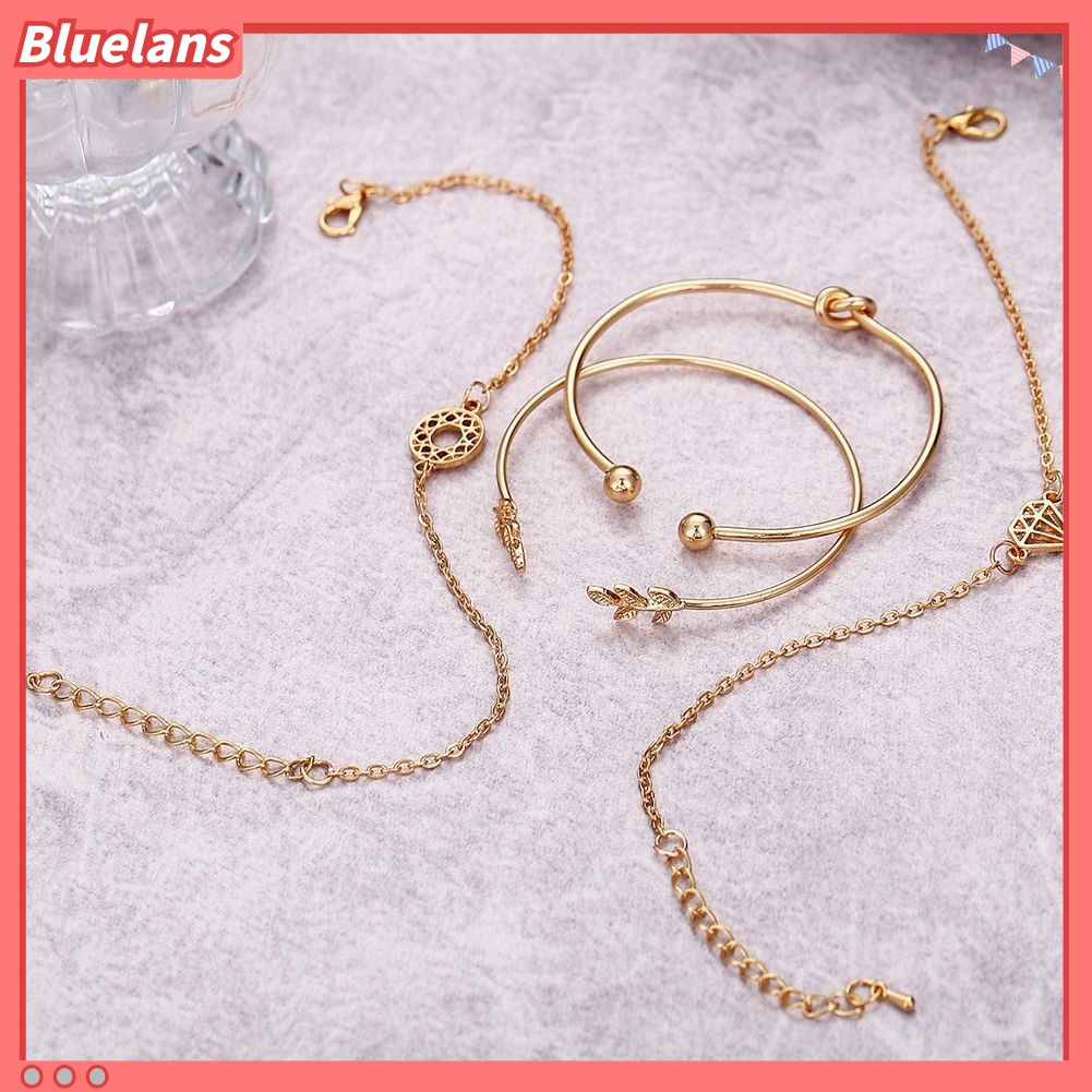 4pcs / Set Gelang Bangle Model Terbuka Bentuk Daun Simpul Hollow Aksen Kristal Gaya Boho Untuk Wanita