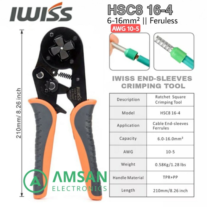 Iwiss HSC8 16-4 Tang Crimping Ferrule skun Ferruless 6-16mm konektor