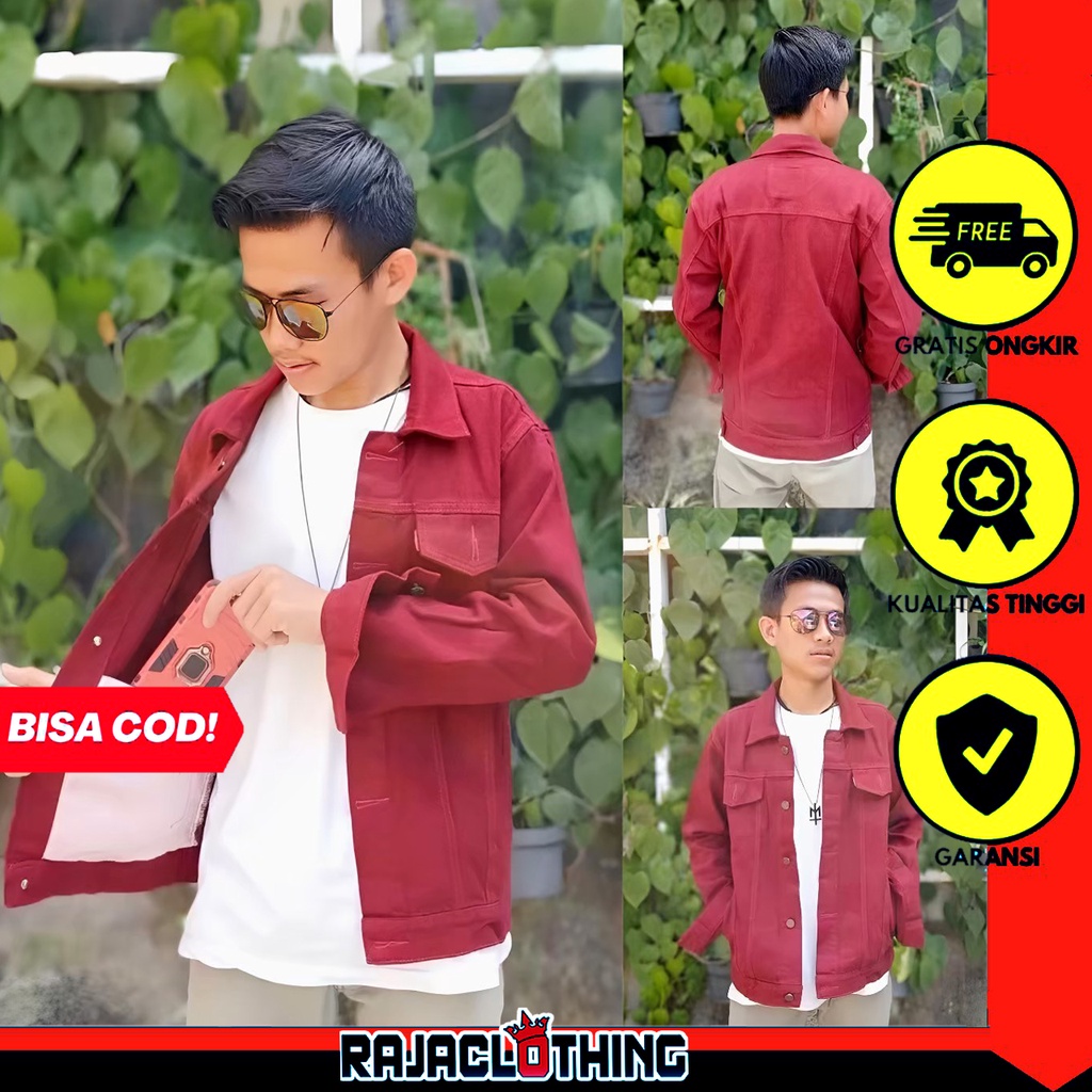 RCL - Jaket Jeans Denim Merah Maroon Pria Wanita Big Size Jumbo M.L.XL.XXL Bahan Jeans Tebal Gratis Ongkir Harga Termurah