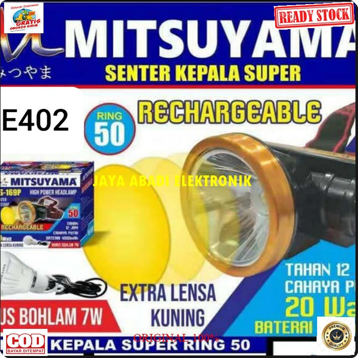 G402 MITSUYAMA LED LAMPU SENTER KEPALA CAS CASAN HEADLAMP HEAD BATERAI PUTIH KUNING LED SINAR CAHAYA TERANG RECHARGEABLE TAHAN AIR WATERPROOF BATERAI CHARGER MULTI UNIVERSAL TAHAN 12 JAM BONUS LAMPU GANTUNG LED WARNA LAMPU BISA GANTI PUTIH ATAU KUNING