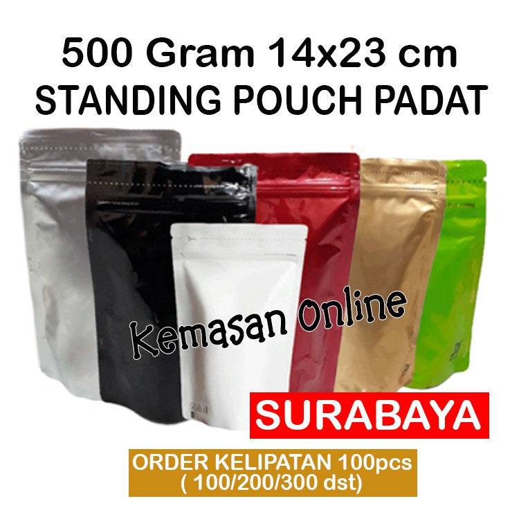 

Standing Pouch Alumunium Foil Super Padat 500 + Ziplock(14x23cm)/hitam doff/merah/hijau/silver/putih