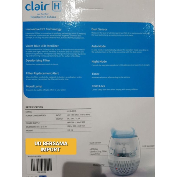 air purifier CLAIR H penyaring udara 4 TAHAPAN 99.8% FILTER HEPA KOREA