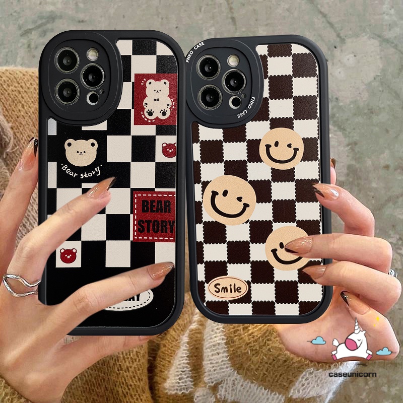 Case Realme C55 C53 C21Y C12 C30 C31 C35 C15 C25 C25s C25Y C11 GT C17 C20 C20A C3 C21 10 Pro 8i 6i 5 5i 9i 7i 6 8pro 6s 7 Beruang Kartun Lucu Cute Smiley Motif Kotak-Kotak Sarung Soft Cover