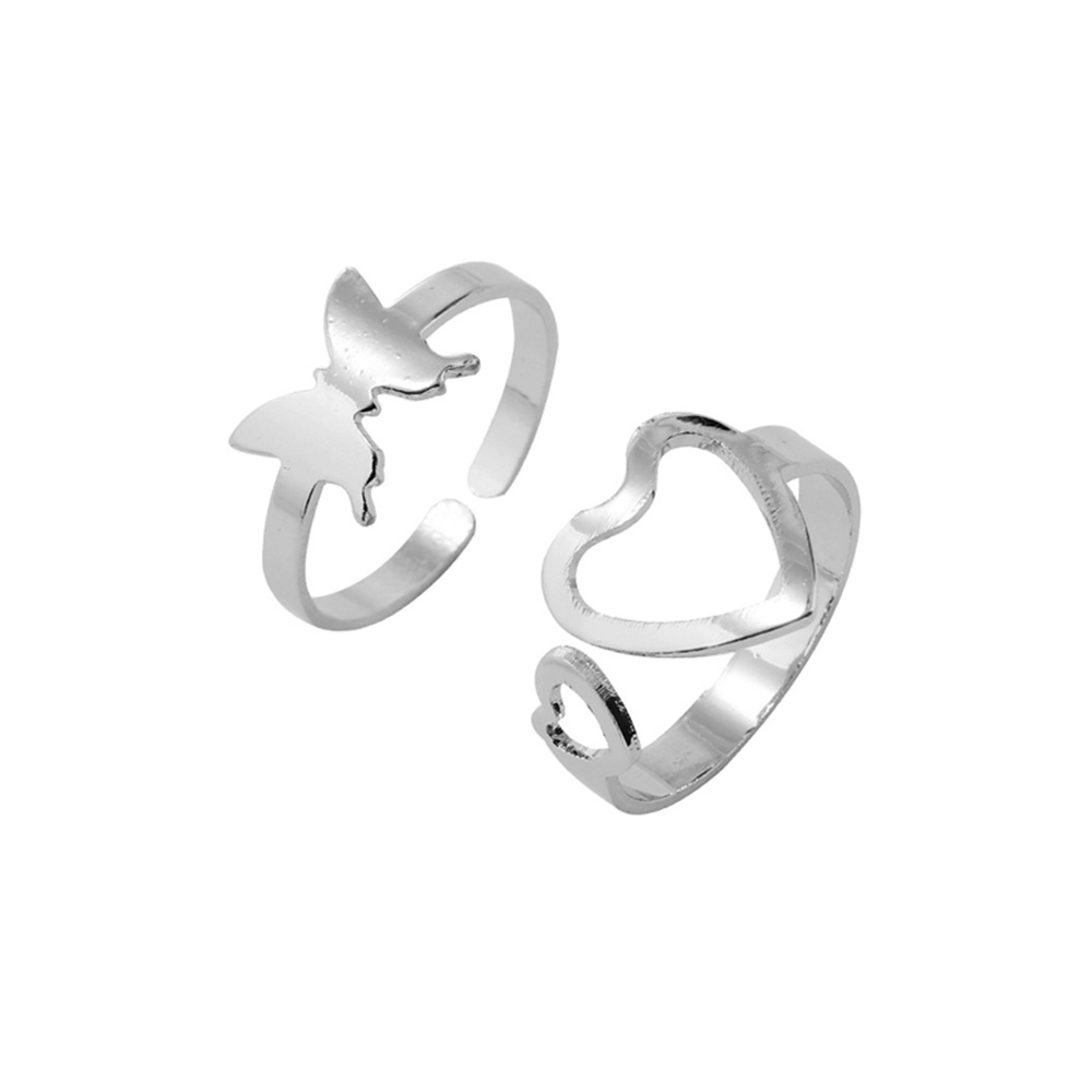 2pcs / Set Cincin Model Terbuka Bahan Metal Lapis Silver Desain Kupu-Kupu / Hati Adjustable Untuk Wanita